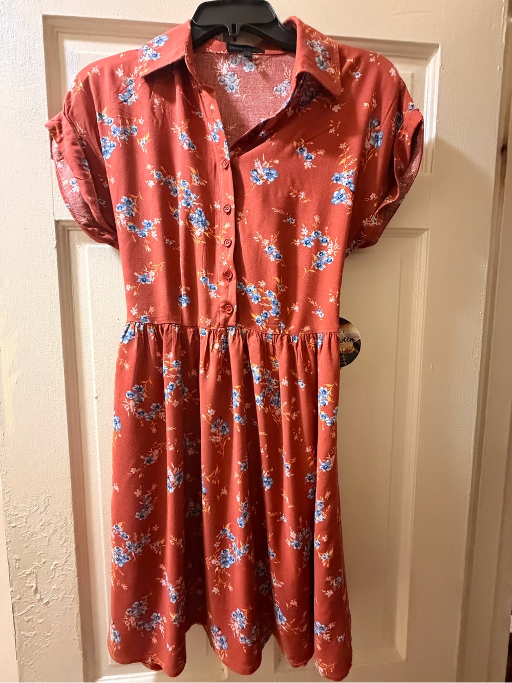 BeBop Burnt Orange Rust Floral Button-Up Mini Dress with Blue Blossoms Size XS